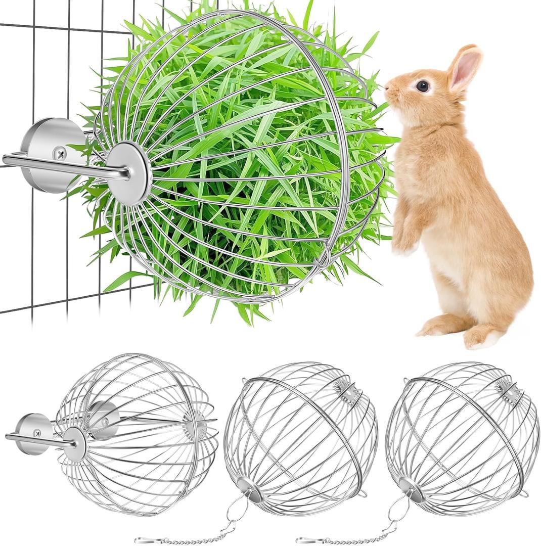 2 Pack Rabbit Hay Ball Feeder Stainless Steel Hanging Hay Holder Dispenser Small Animal Grass Feeder Rack Ball Toy for Bunny Hamster Guinea Pig Chinchilla Gerbils Cage Accessories Supplies