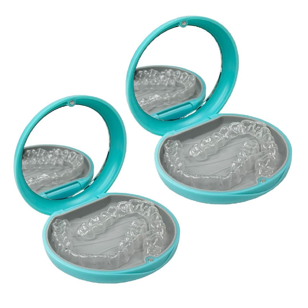 2 Pack Aligner Case with Mirror,Convenient Retainer Case for Invisalign Aligners, Night Guards, and Mouth Guards (2PCS Cyan Outside Gray Silicone)
