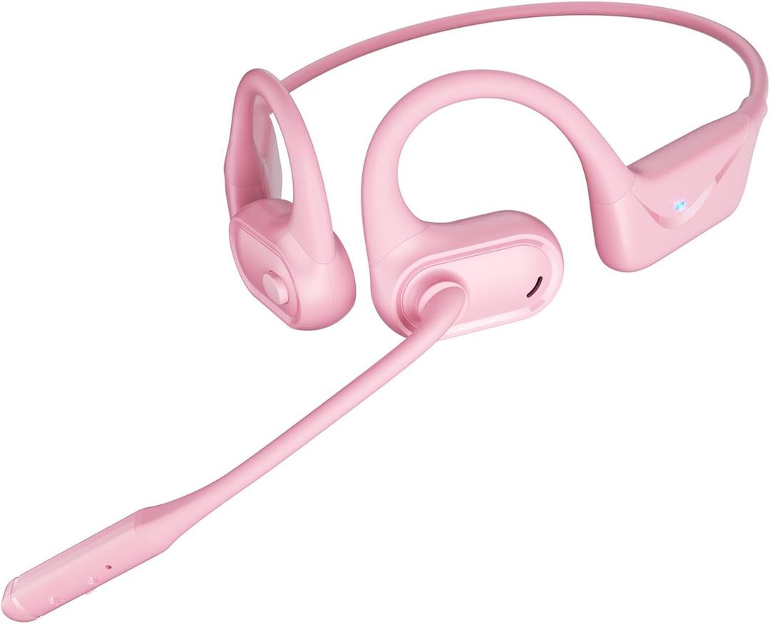 Open Ear Headphones with Mic, 29g Bluetooth Headset, Sweat Resistant,12Hrs, Dual Connect, Wireless Bluetooth Headphones with Noise Cancelling Microphone & Mute, for Work, Workout, Driving, Call, Pink