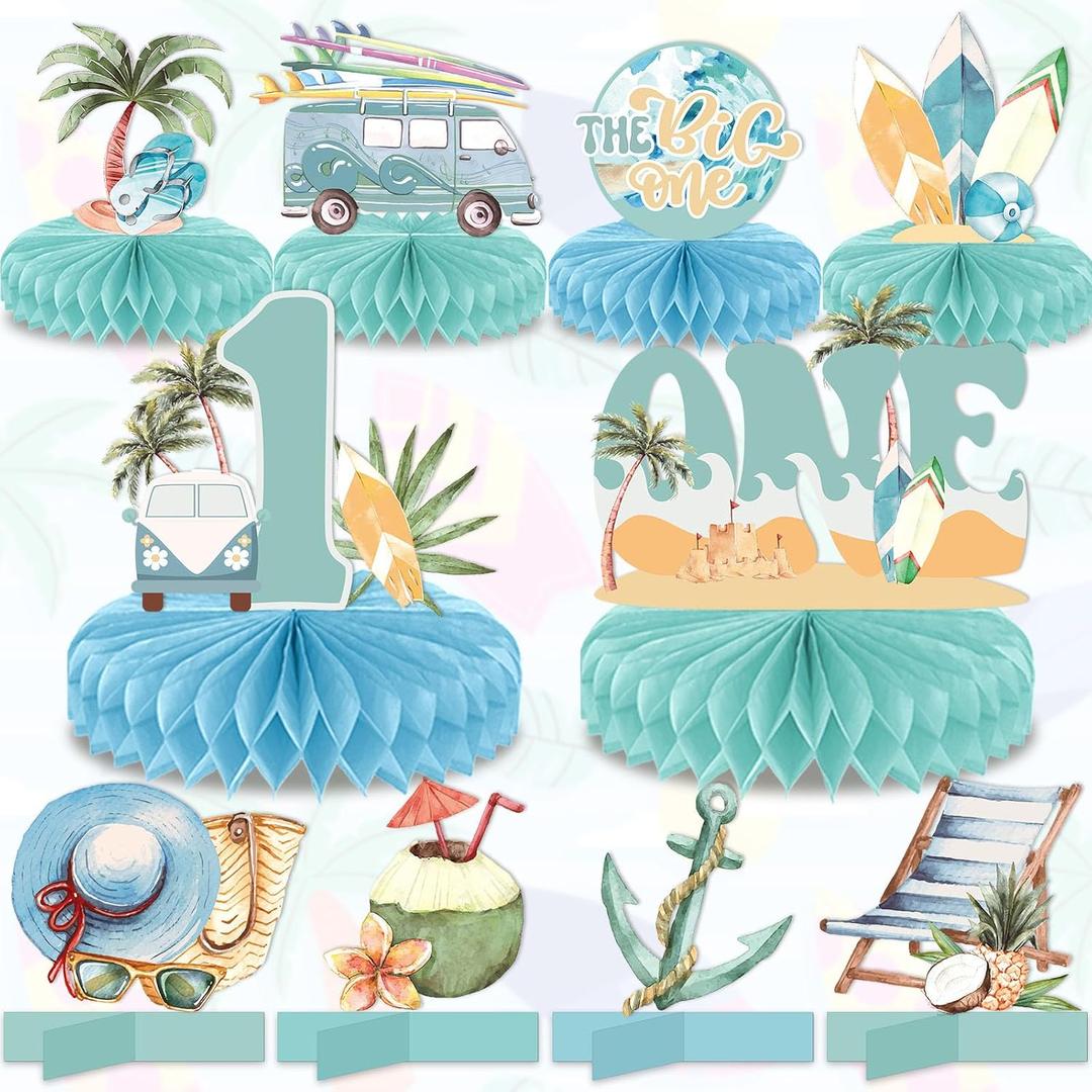 Chunnin 10Pcs The Big One Honeycomb Centerpieces for Summer Beach 1st Birthday Party Decoration Surfing Beach 1 Year Old Birthday Table Centerpieces Supplies for Baby Kid Birthday Table Topper Decor