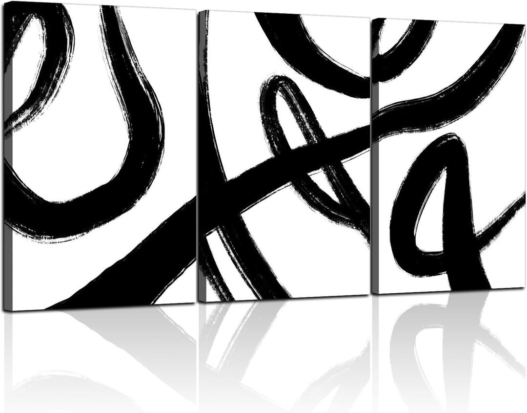 3Pcs Framed Abstract Black and White Canvas Wall Art Minimalist Brushstroke Line Prints Modern Home Gallery Style Picture Painting Posters Bedroom Living Room Office 12x16 Inch Ready to Hang
