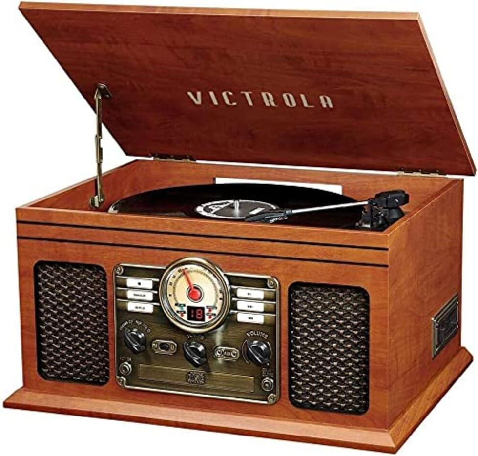 Victrola The Quincy 6-in-1 Bluetooth Record Player & Multimedia Center with Built-in Speakers 3-Speed Turntable, CD & Cassette Player, FM Radio, Wireless Music Streaming (Mahogony)