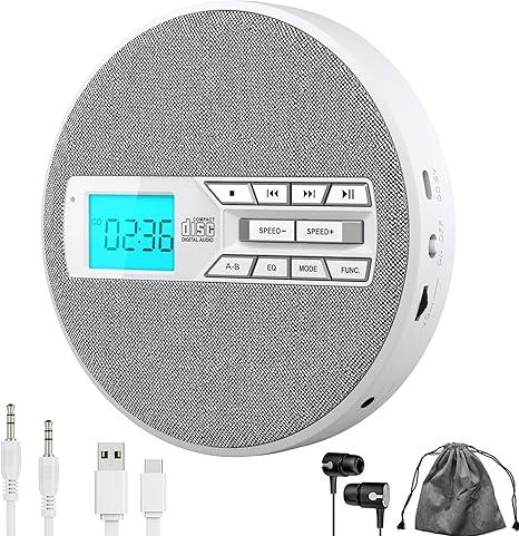 Mamazup CD Player Portable, Rechargeable Portable CD Player with Dual Speakers and Anti-Skip, CD, USB, AUX, LCD Display, Sensitive Button,5 EQ, AB Repeat,10 Speeds for Home Car Fabric White