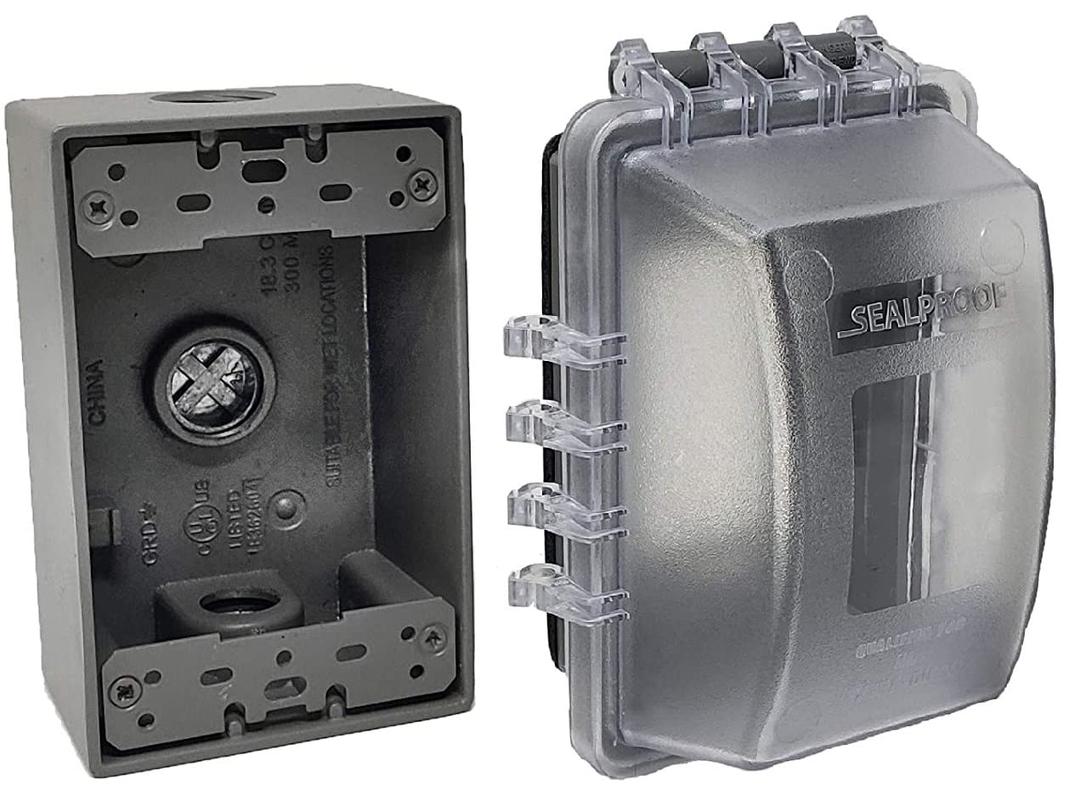 Sealproof 1-Gang Weatherproof Exterior in Use Outlet Cover and Box Kit - Metallic Electrical Outlet Box and UL Extra Duty, Lockable, in Use Outdoor Outlet Cover - Horizontal/Vertical Use