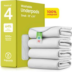 IMPROVIA Washable Underpads, Heavy Absorbency Reusable Incontinence Pads for Kids, Adults, Elderly, and Pets - Waterproof Protection Floor White & White (4 Pack - 18x24)