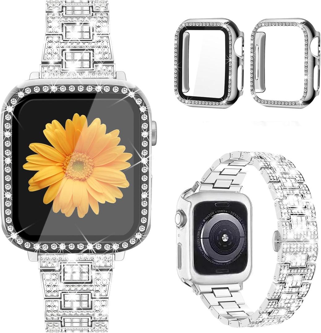 Mesime Compatible for Apple Watch Band with Screen Protector Case, Jewelry Replacement Bands 46mm 45mm 44mm 42mm 41mm 40 mm 38mm 2 Pack Protective Cover for iWatch Series 10/9/8/7/6/5/4/3/2/1/SE Women