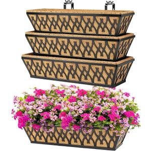 4 Pack 24 Inch Window Boxes Planters for Outdoor Plants Railing Planter Box with Adjustable Brackets for Windowsill Porch Fence Patio Hanging Flower Coco Baskets for Outside Decoration - Black