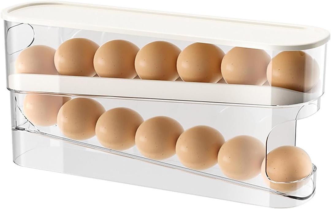 Blynx  Egg Dispenser Double-Layer Organizer Self-Rolling Fridge Holder Detachable Non-Slip Kitchen Pantry Cabinet Refrigerator 12 Eggs Storage White