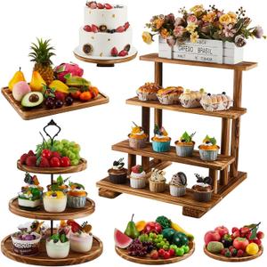Roowest Wood Cake Stands Set of 6 Wood Dessert Tower Dessert Trays Desert Stands Cupcake Stand Rustic 3 Tier Farmhouse Cupcake Serving Stands with Dessert Trays for Tea Party(Brown)