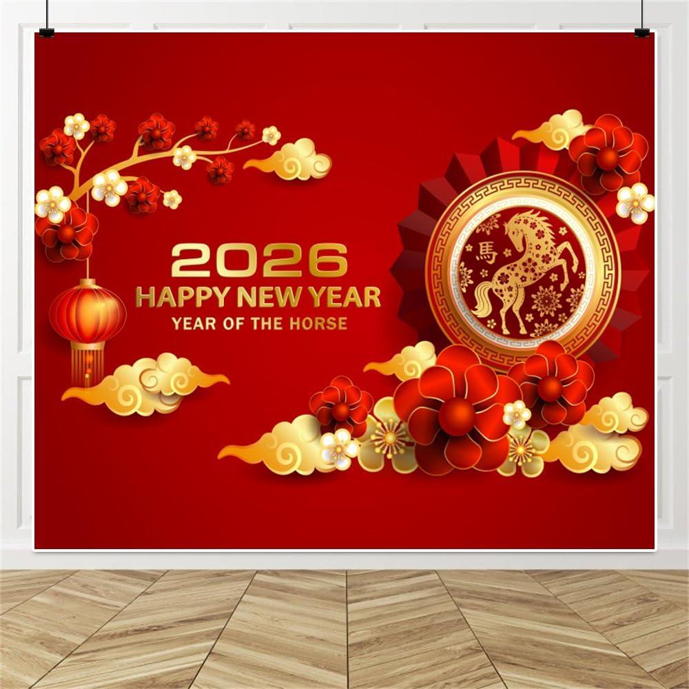 Chinese New Year Backdrop 10x8ft Fabric 2026 Year of The Horse Photography Backdrops Happy Chinese Spring Festival Backdrop Asian New Year Party Decoration Background