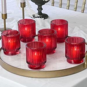 Kate Aspen Vintage Ribbed Red Glass Tealight & Votive Candle Holders (Set of 6), Fall Decor, Boho Decor, Shelf Decoration (27206RD) (One Size)