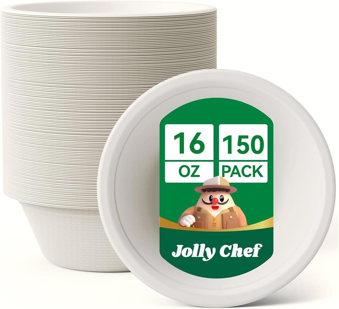 JOLLY CHEF Compostable Disposable Paper Bowl [16 oz] Heavy Duty Soup Containers [150 Pack] Biodegradable Bagasse Hot Cold Food Eco-Friendly Sugarcane Microwavable Bowls for Salad Milk Thanksgiving Day
