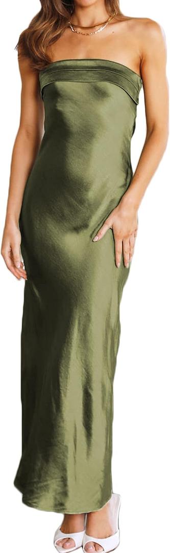 Realtix Satin Silk Backless Tube Tops Maxi Dress for Women Low Back Hollow Out Elegant Strapless Long Dresses Wedding Guest, M