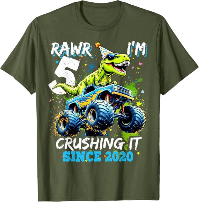 5th Birthday Monster Truck Dinosaur Party Boys Rawr I'm 5 T-Shirt XS