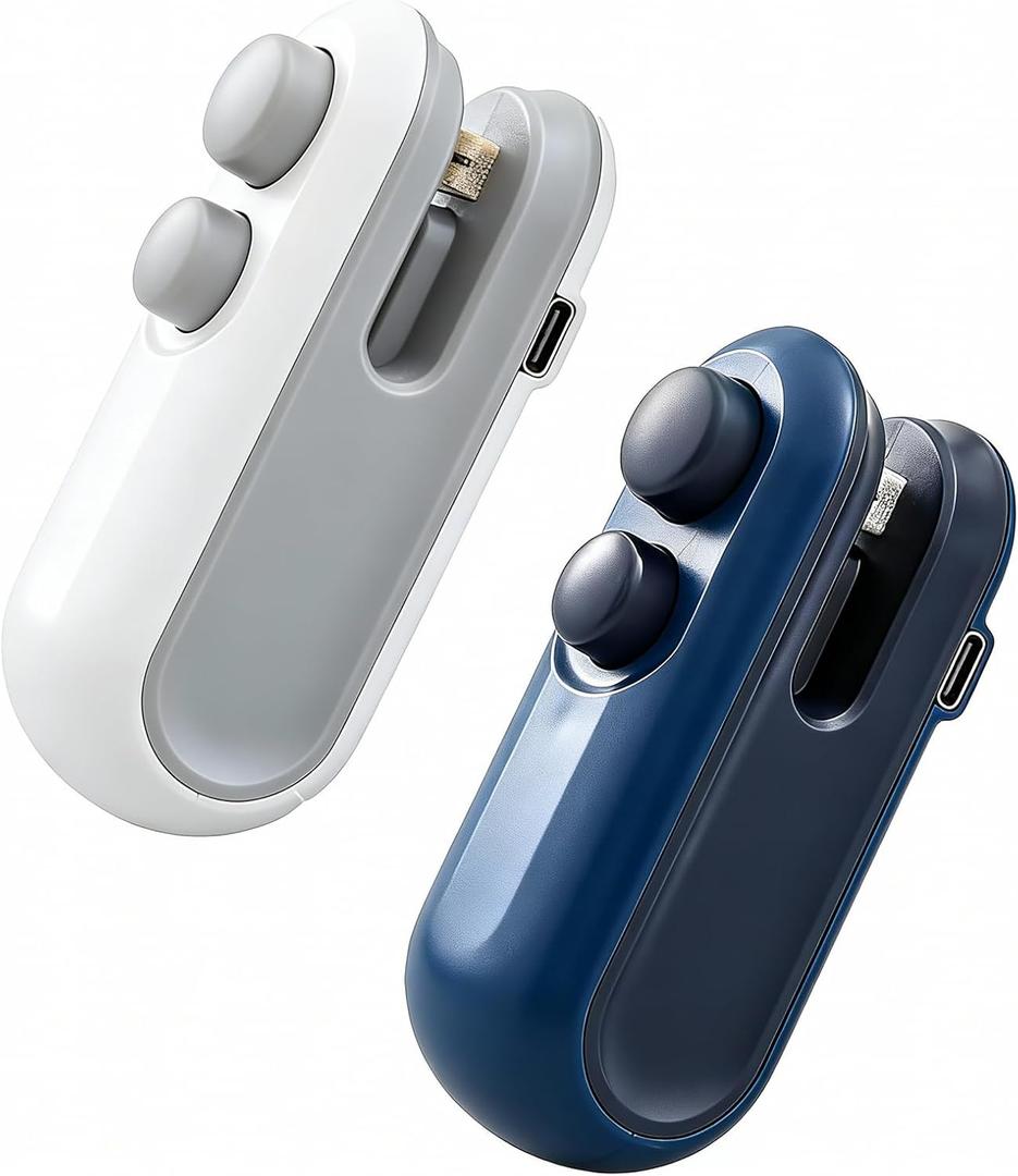 2Pcs Mini Bag Sealer with Cutter and Magnet,Rechargeable Mini Bag Sealer and Cutter,Household Hand Pressure Portable Snack Plastic Heat Sealing Machine for Snacks,Food Freshness Storage (White+Blue)