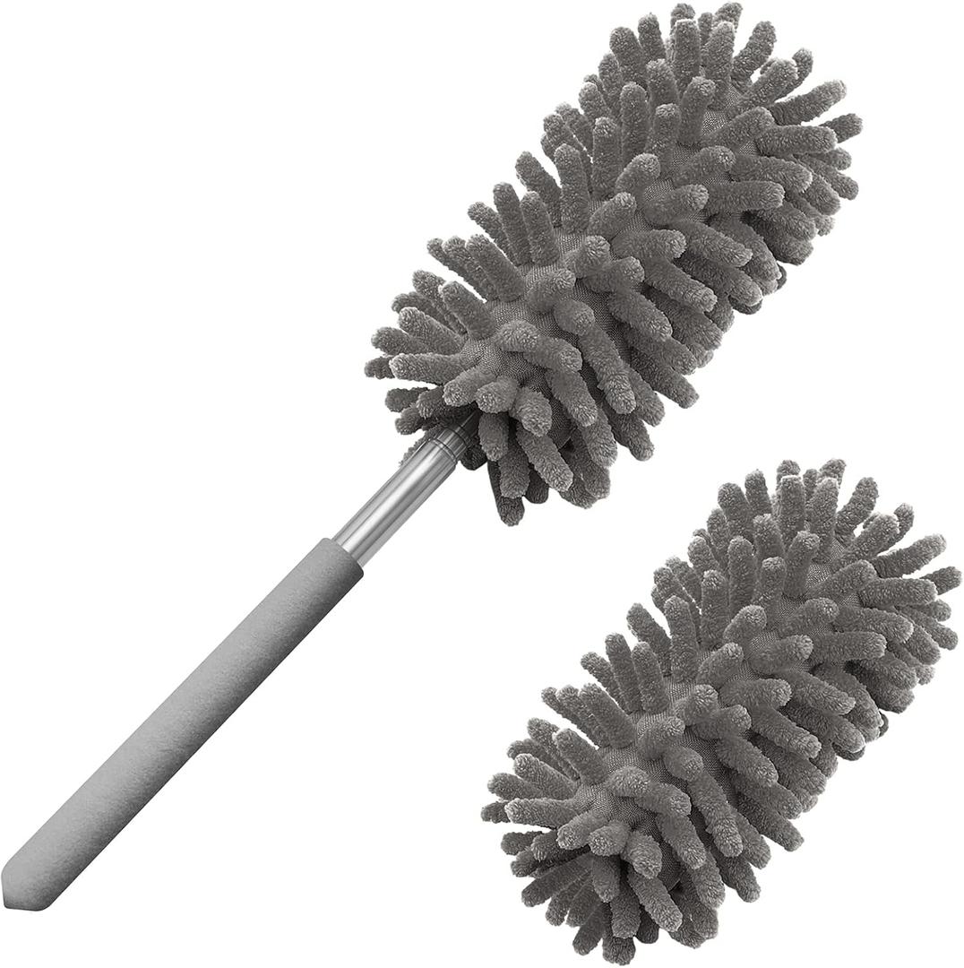 Microfiber Duster for Cleaning, Tukuos Hand Washable Dusters with 2pcs Replaceable Microfiber Head, Extendable Pole, Detachable Cleaning Brush Tool for Office, Car, Window, Furniture, Ceiling Fan (Gray)