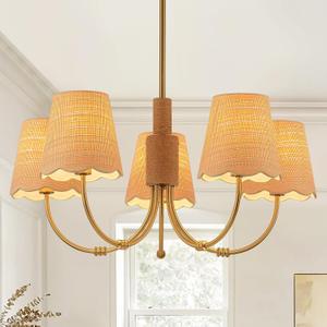 Boho Rattan Chandelier with Fabric Shade, Antique Gold Brass Farmhouse Chandeliers, 5-Lights Coastal Gold Pendant Light Fixtures for Dining Room Kitchen Island Living Room Hemp Rope