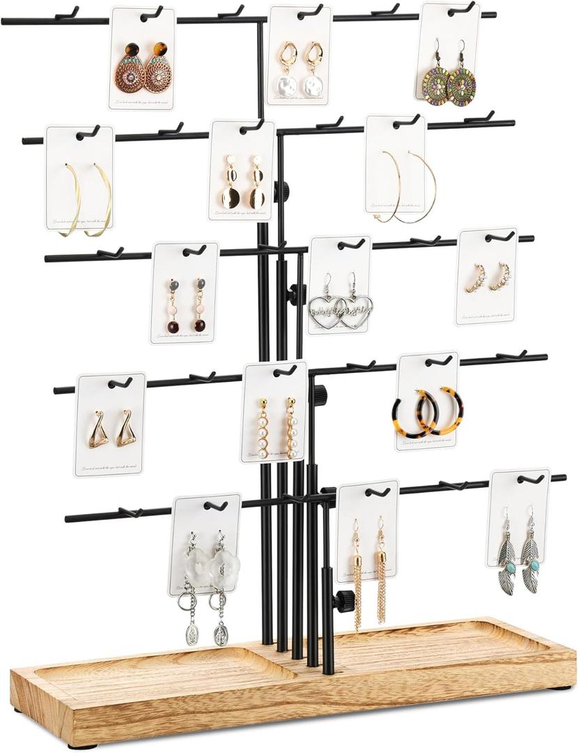 HULISEN Earring Display for Vendors, Adjustable Height Earring Display Stands for Selling, Jewelry Display for Earrings Card, Earrings Rack Display Holder with Tray, 30 Hooks, Carbonized Brown