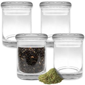 Airtight Smell Proof Glass Jar 6 Oz Pack - Bundle with 4 Clear Glass Storage Containers for Herbs, Tea, Coffee, Spices, More | Stackable Stash Jars 6 Ounces