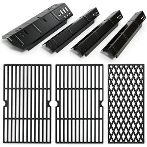 Grill Replacement Parts for Dyna-Glo 4 Burner DGH450CRP DGH451CRP, Set of 4 Porcelain Steel Grill Heat Plates Shield + 3-Pack Cast Iron Cooking Grill Grates Kit for Dyna Glo 3/4 Burner Grill