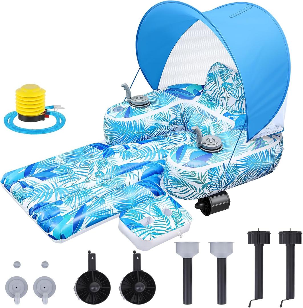 Inflatable Motorized Pool Float for Adults with Canopy, Electric Motorized Floats Lounge Chair with Dual Thrusters Cup Holders Foot Pump, Pool Raft for Lake Parties