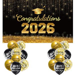 Black and Gold Class of 2026 Banner, Large Congrats Grad Banner Backdrop, Class of 2026 Decorations for Indoor, Outdoor, High School College Graduation Party Decorations Supplies