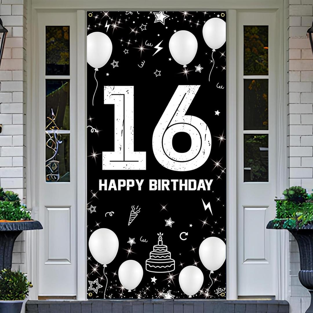 16th Birthday Decorations for Boys Girls - Fabric 16 Year Old Birthday Backdrop Banner, Yard Sign, Photo Props, Door Decor - Black White Silver Birthday Party Supplies for Outdoor Indoor