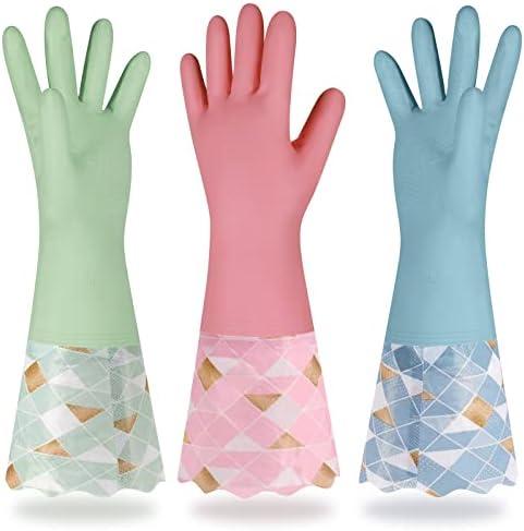 Yiomxhi Household Cleaning Gloves 3 Pairs Reusable Dishwashing Gloves Latex Free, Non-Slip Kitchen Glove with Cotton Lined, Waterproof Dish Washing Gloves