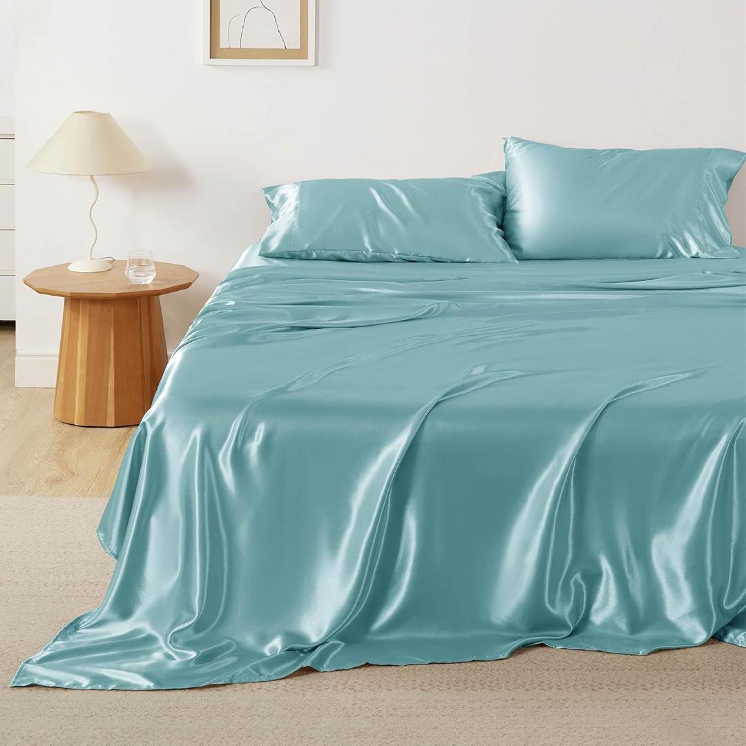 Bedsure Satin Sheets Full - Similar to Silk Sheets, Silky Bedsheet, Luxury & Ultra Soft, Non-Fading & Wrinkle Free, Good for Hair & Skin, Gifts for Women, 4 Pieces, Blue (06-blue)