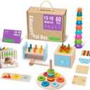 TOOKYLAND Montessori Toys for 1 Year Old, 8 in 1 Learning Educational Set Wooden Toys (Includes Stacking Cups, 3-in-1 Educational Box, Pound Bench, Shape Puzzle and More) (12-18m Educational Box)
