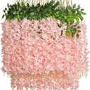 Pauwer Wisteria Hanging Flowers 24 Pack Fake Flower Garland Artificial Wisteria Vines Rattan Silk Flower String Wedding Party Wall Decorations, Blush Pink
