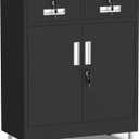 JINGUR Metal Storage Cabinet with Locking Doors and 2 Drawers, Lockable Storage Cabinet with Adjustable Shelf for Home Office Garage Entryway Pantry (Black)