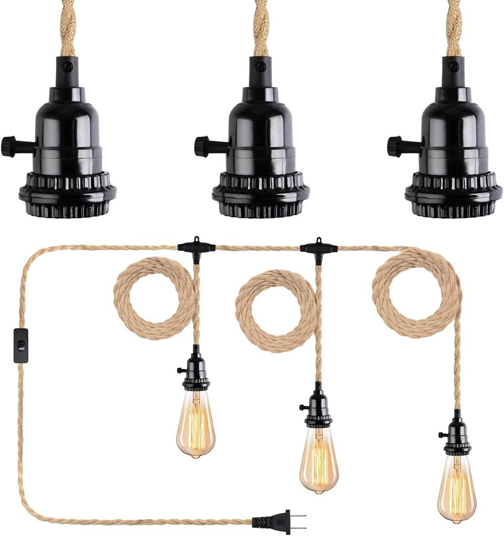 Yilliaw 27FT 3 Light Plug in Pendant Lights with Switch & Hemp Rope, Industrial Hanging Light Kit Pendant Light Cord with E26 Socket, DIY Lamp Cord Fixture for Farmhouse Bedroom Living Room Decor