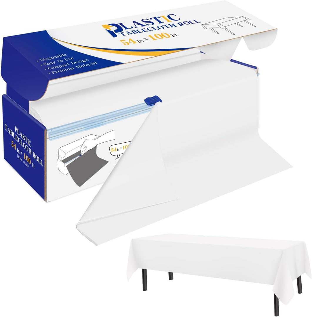 YSYJ Plastic Table Cover Roll White Disposable Table Cloth 54 in x 100 Ft, Plastic Table Cloths with Slide Cutter Table Cover for Parties