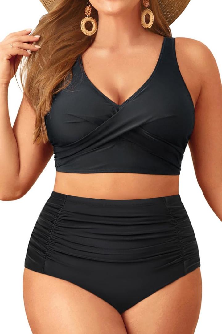 Aqua Eve Women Plus Size Two Piece Swimsuit High Waisted Bikini Set Tummy Control Bathing Suit (Black, 16W)