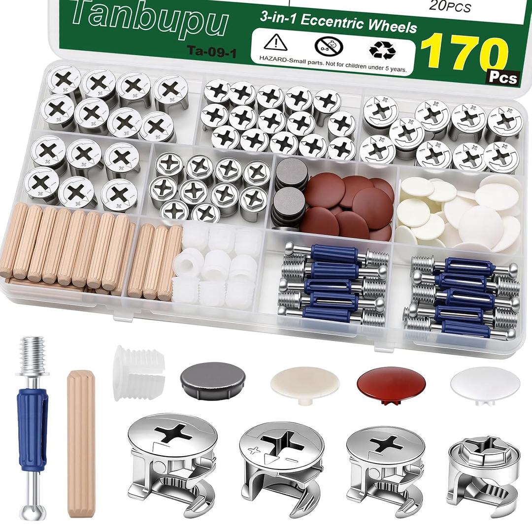 170PCS Cam Locks for Furniture,3-in-1 Eccentric Hardware Wheels, Cam Lock Nuts and Cam Screws, Furniture Cam Lock Fasteners for Drawer Dresser Cabinet