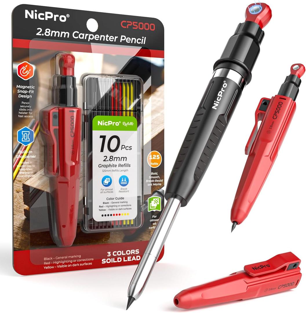 Nicpro CP5000 Magnetic Carpenter Pencils with Sharpener, 2.8mm Construction Pencil+10 Refill, Deep Hole Marking Pencils, Woodworking Pencil with Magnetic Pickup Tool, Carpenter Tools for Architect-Red