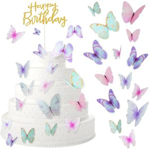 Zonon 60 Pcs Butterfly Cake Toppers with Happy Birthday Cake Topper, 3D Butterfly Topper Mixed Size Color Party Decors for Birthday Wedding Party(Multicolor,Elegant)
