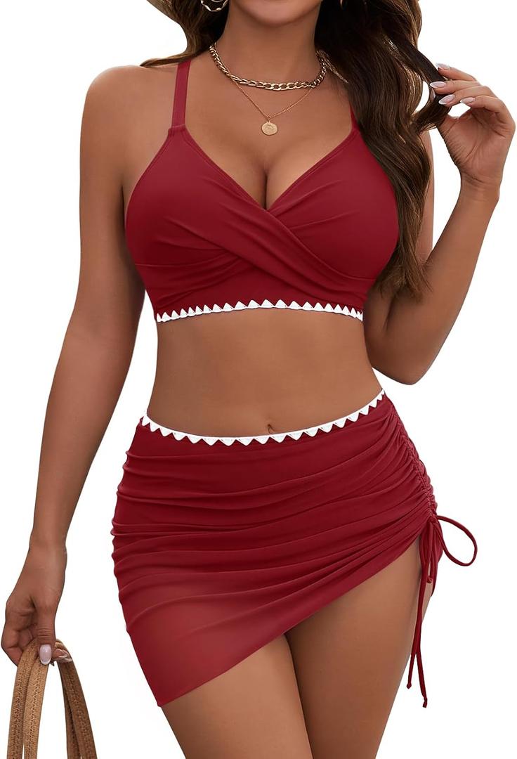 Women's Bikini Sets V Neck High Waisted Swimsuits Twist Front Shell Stitched Two Piece Swimsuit, Medium