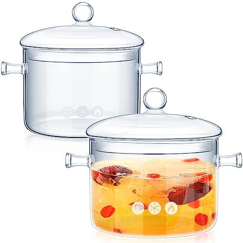 Zubebe 2 Pcs Glass Pots for Cooking on Stove Set Glass Saucepan with Cover Heat Resistant Clear Pots and Pans Set Stovetop Cookware Simmer Pot with Lid for Soup Milk(1.3 L, 1.5 L)