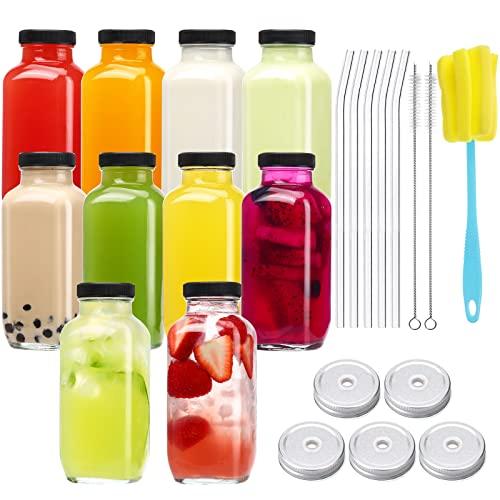 CUCUMI 9pcs 16oz Glass Juice Bottles with Lids, Reusable Juice Containers Drinking Jars Water Cups with Brush, Glass Straws, Lids with Hole
