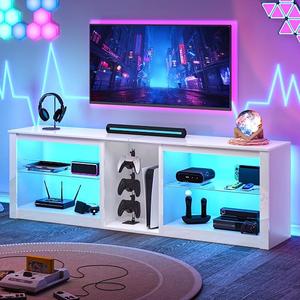 Clikutory Modern 62 inch TV Stand with LED Lghts for 50 55 BO 65 7075 inch TVs, High Gloss Enertanment Center or P95, TVCabinet with Glass Shekves for Living Room, Bedroom, Brigh Black