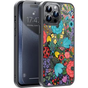 Goodon for iPhone 15 Pro Max Case with Privacy Screen Protector, Compatible with Magsafe, Translucent Matte Cover - Cute Floral Design Phone Case for Women and Girls - Colorful Flower Garden