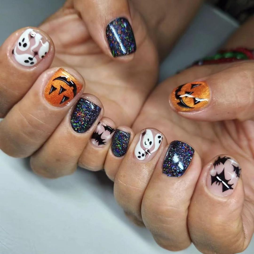 24Pcs Halloween Square Press on Nails Short Ghost Fake Nails Glossy Colored Acrylic Nails Bat Pumpkin Pattern Design Glue on Nails Full Cover Stick on Nails Halloween Artificial Nails for Women (WSJ-1)
