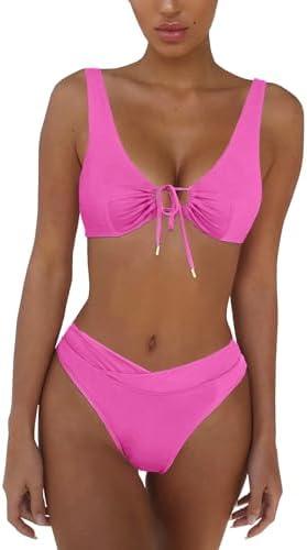 LKAIIN Womens Pink Tummy Control Swimsuit Modest High Waisted V Neck Cutout Push Up Bikini Set Cute High Cut  MLKAIIN Bikini top for Women Sexy Tie Front, M