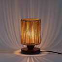 Small Rattan Table Lamp for Bedroom, Boho Bedside Lamp with Warm LED Bulb, Handwoven Wicker Nightstand Lamp for Nursery, Entryway & Dorm, Mini Ambient Night Light with Wood Base (8.6" Tall) (Standard, Plug-in / Cylinder Shape)