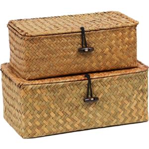 Set of 2 Wicker Basket with Lid, Seagrass Woven Basket for Storage, Decorative Storage Baskets Bins for Organizing Home (10.23" x 6.3" x 4.13"+ 9.05" x 5.11" x 3.34", Natural)