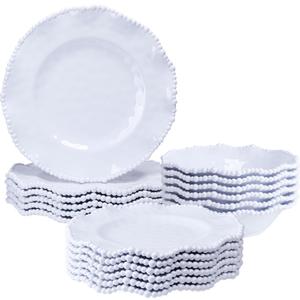 White Beaded Melamine Dinnerware Set, 18 piece Dishwasher Safe Plates and Bowls for Dining, Parties, Camping Dish Set