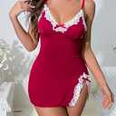 Lace Babydoll Nightgown for Women Sheer V-Neck Chemise Dress with Adjustable Straps, Stretch Floral Lace, 5XL (Red)