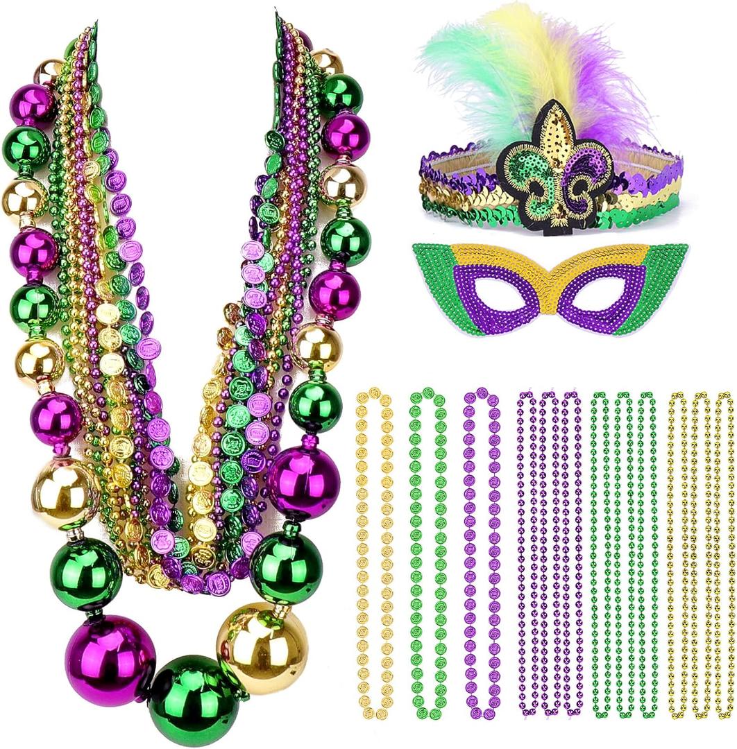 SelfTek Mardi Gras Jumbo Ball Beads Necklaces Set, with Mardi Gras Headband and Mask, Mardi Gras Beads Bulk, Carnivals Masquerade Costume Party Accessories for Women (15Pcs)